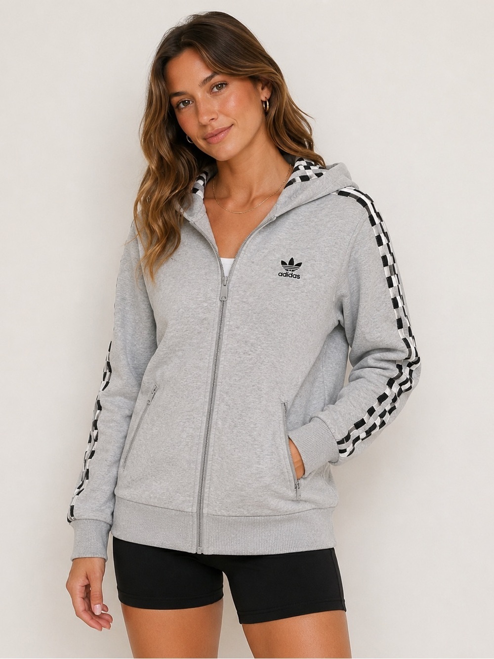 Adidas Originals Gray Full Zip Hoodie Trefoil Logo 3 Stripe Sleeve Women’s M